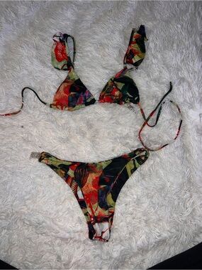 Tropical Floral Tie-Back Bikini Set - Multicolor